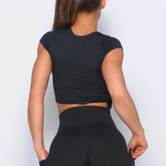 Bombshell Sportswear White Logo Mesh Jersey Side Tie Crop Top Tee Shirt Black - Picture 3 of 7